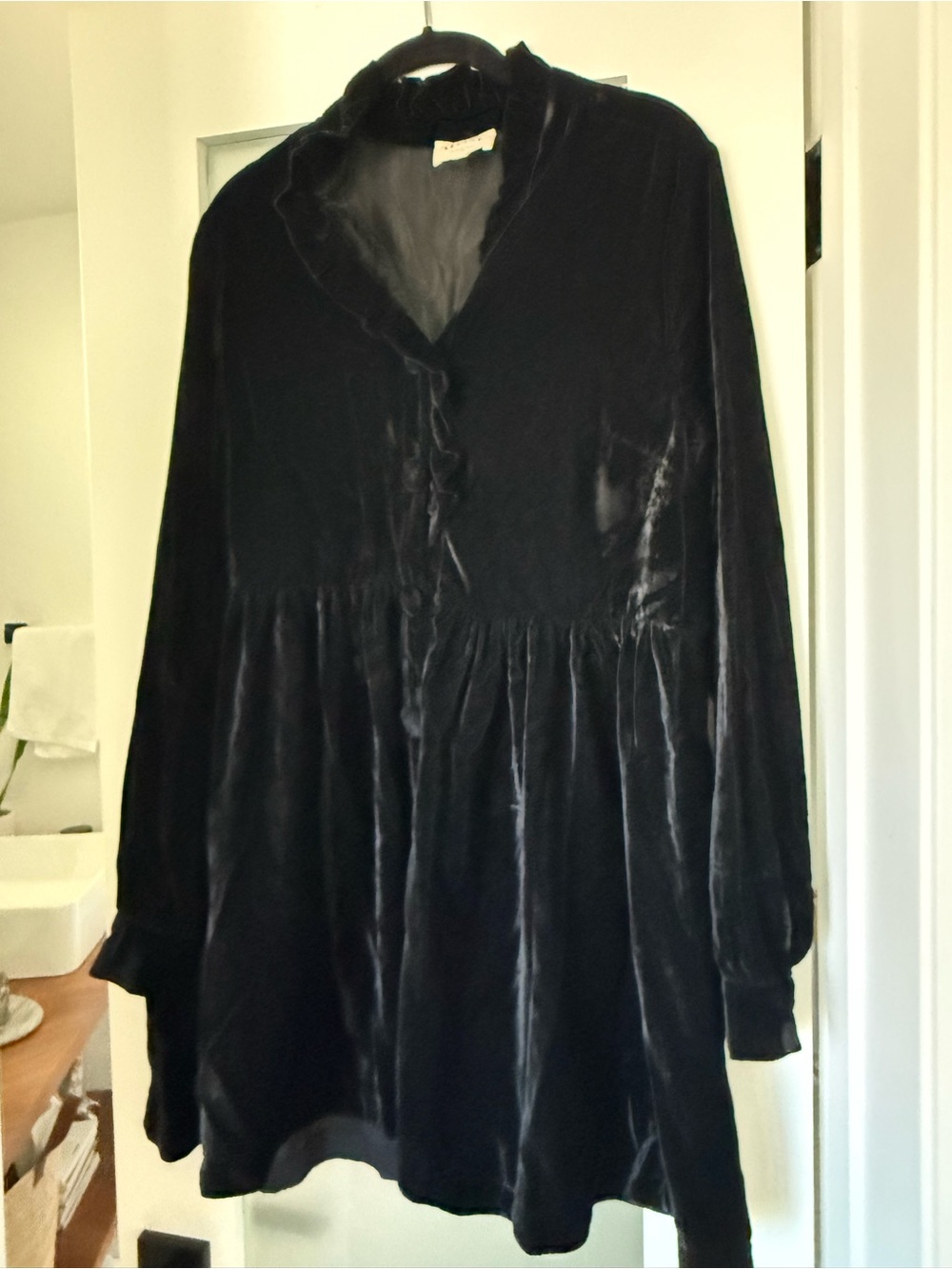 Sezane Black Velvet Babydoll Mini Dress